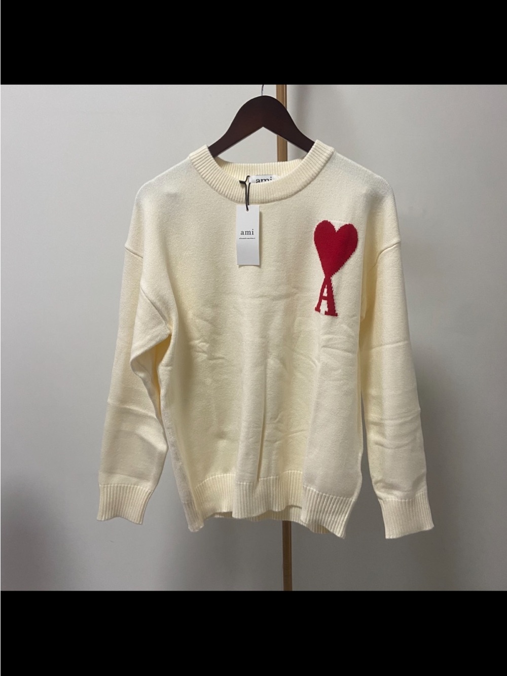 Ami Cream Crewneck Sweater with Red Heart 'A' Motif
